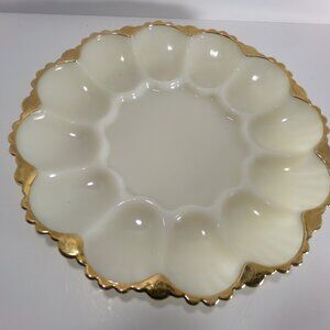 Vintage White with Gold Trim Milk Glass 12 Egg Plate Serving Tray - 10'' Dia.